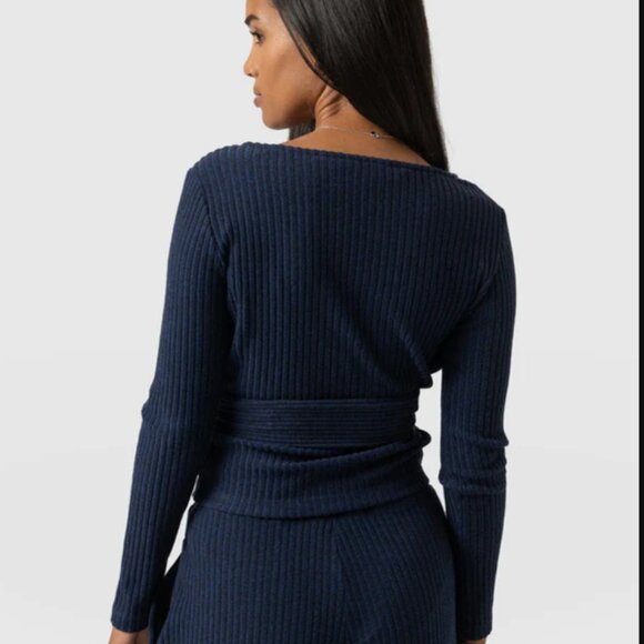 Saint and Sofia Victory Rib Top navy blue faux wrap belted ribbed sweater - Picture 6 of 8